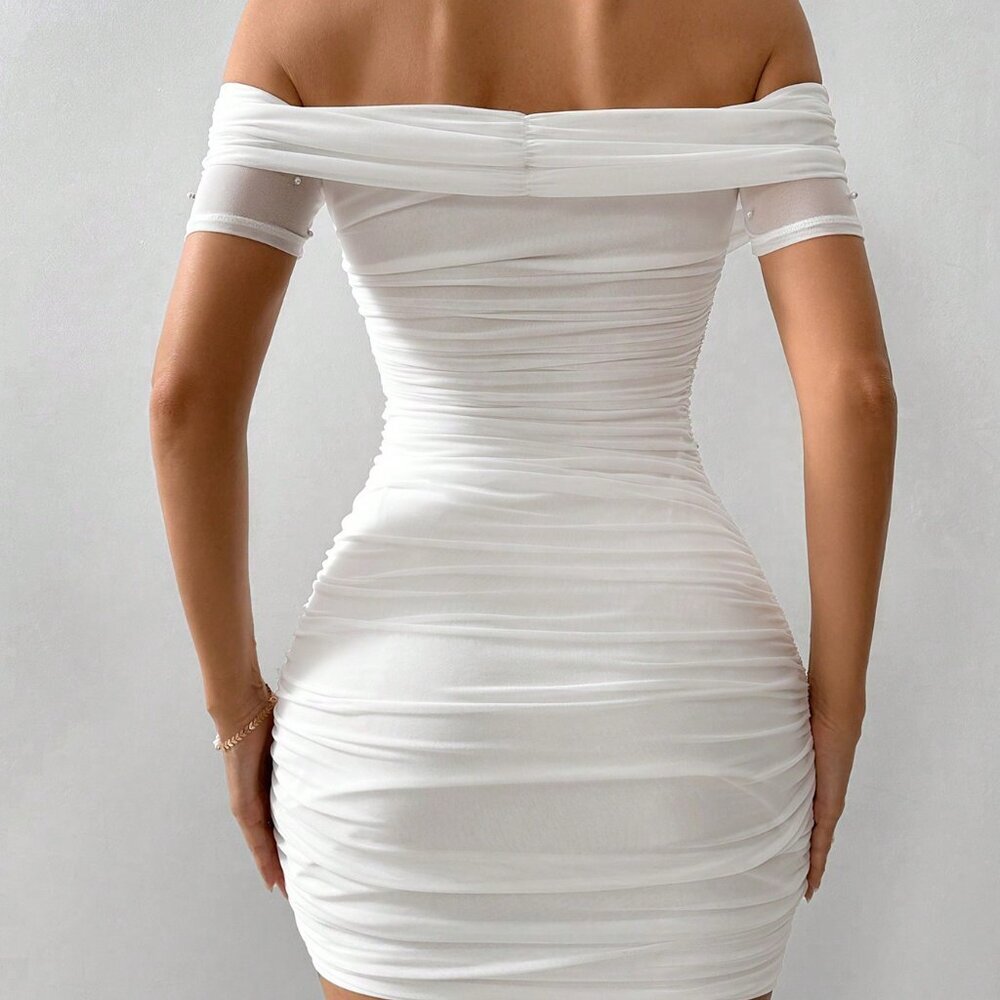 White Elegant Women's Off Shoulder Short Sleeve Graduation Dress - Picture 2 of 6